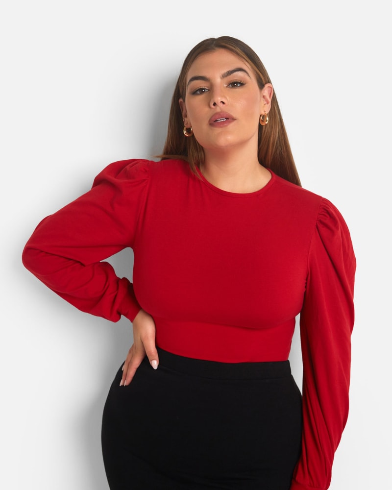 Front of a model wearing a size 2X Catch Up Puff Sleeve Bodysuit - Red in Red by Rebdolls. | dia_product_style_image_id:321372